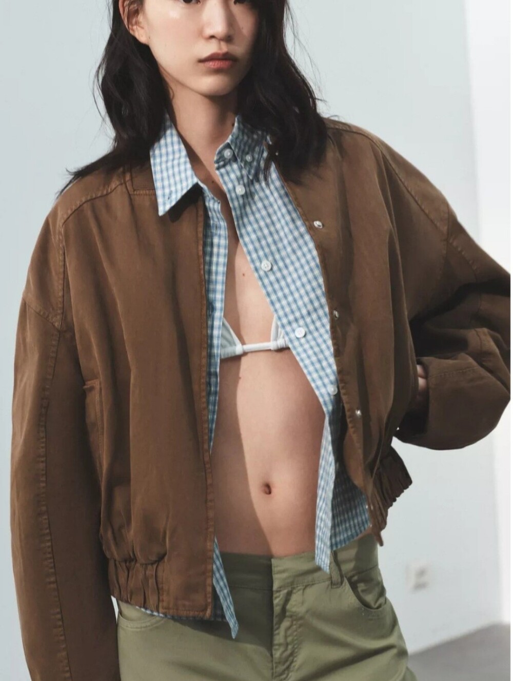 Zara Women's Brown Cropped Bomber Jacket Size L